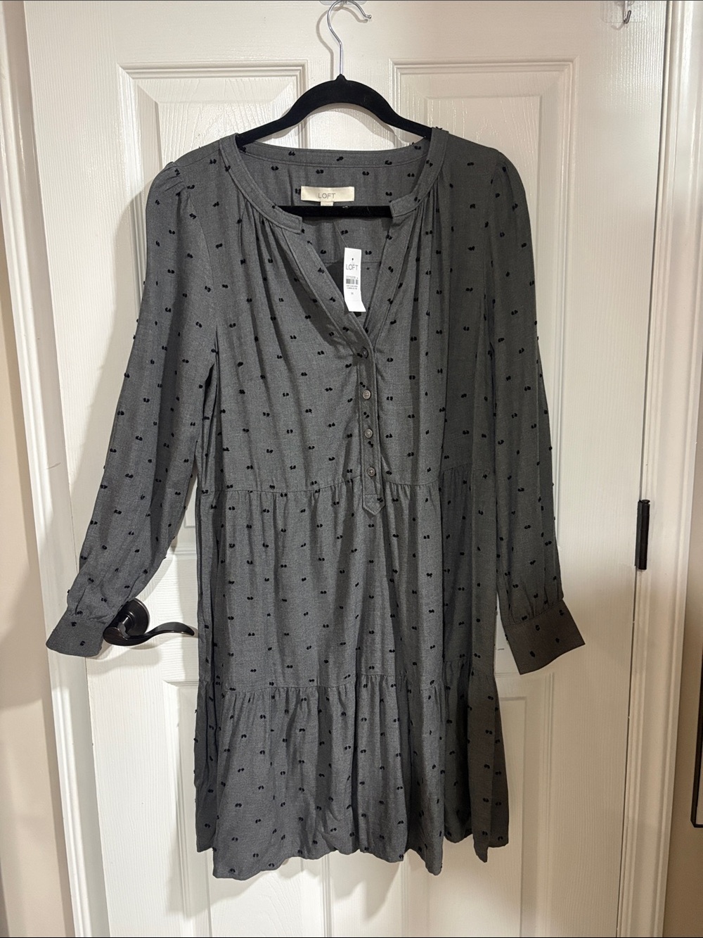 LOFT NWT- Charcoal Gray Long-Sleeve Tiered Button-Front Dress